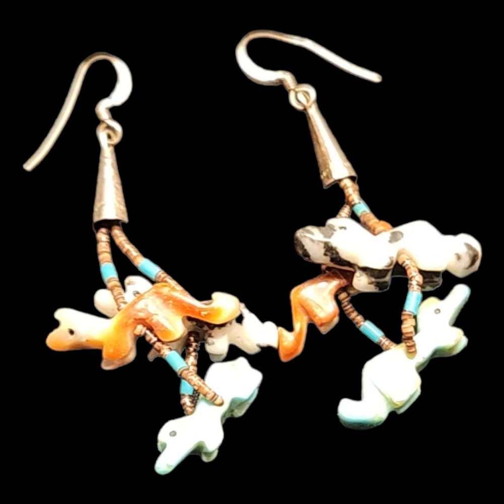 VINTAGE ZUNI NATIVE AMERICAN HESHI BEADED TURQUOISE FETISH DANGLE EARRINGS - Picture 6 of 8
